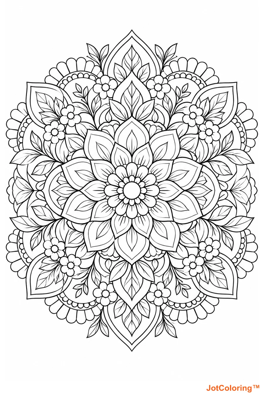 Concentric petals, leaves and tiny flowers form an elongated botanical mandala.