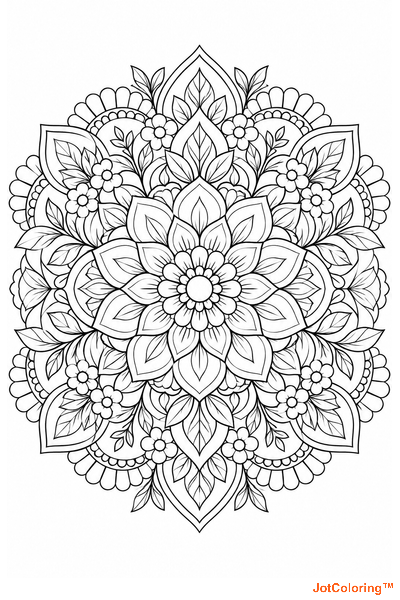Concentric petals, leaves and tiny flowers form an elongated botanical mandala.
