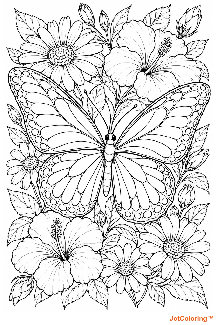 A butterfly spreads its patterned wings among daisies, buds and hibiscus-like flowers.