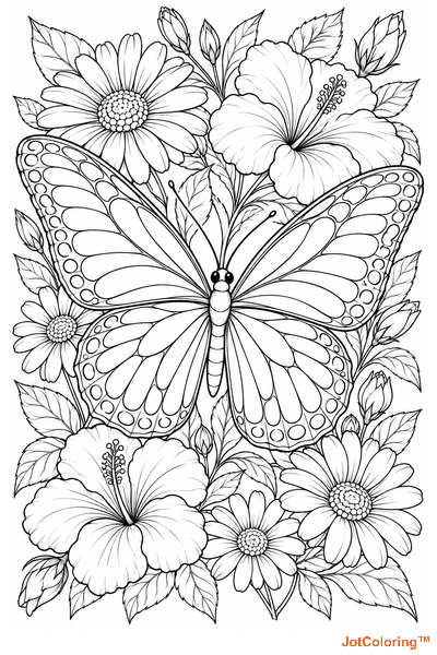 A butterfly spreads its patterned wings among daisies, buds and hibiscus-like flowers.