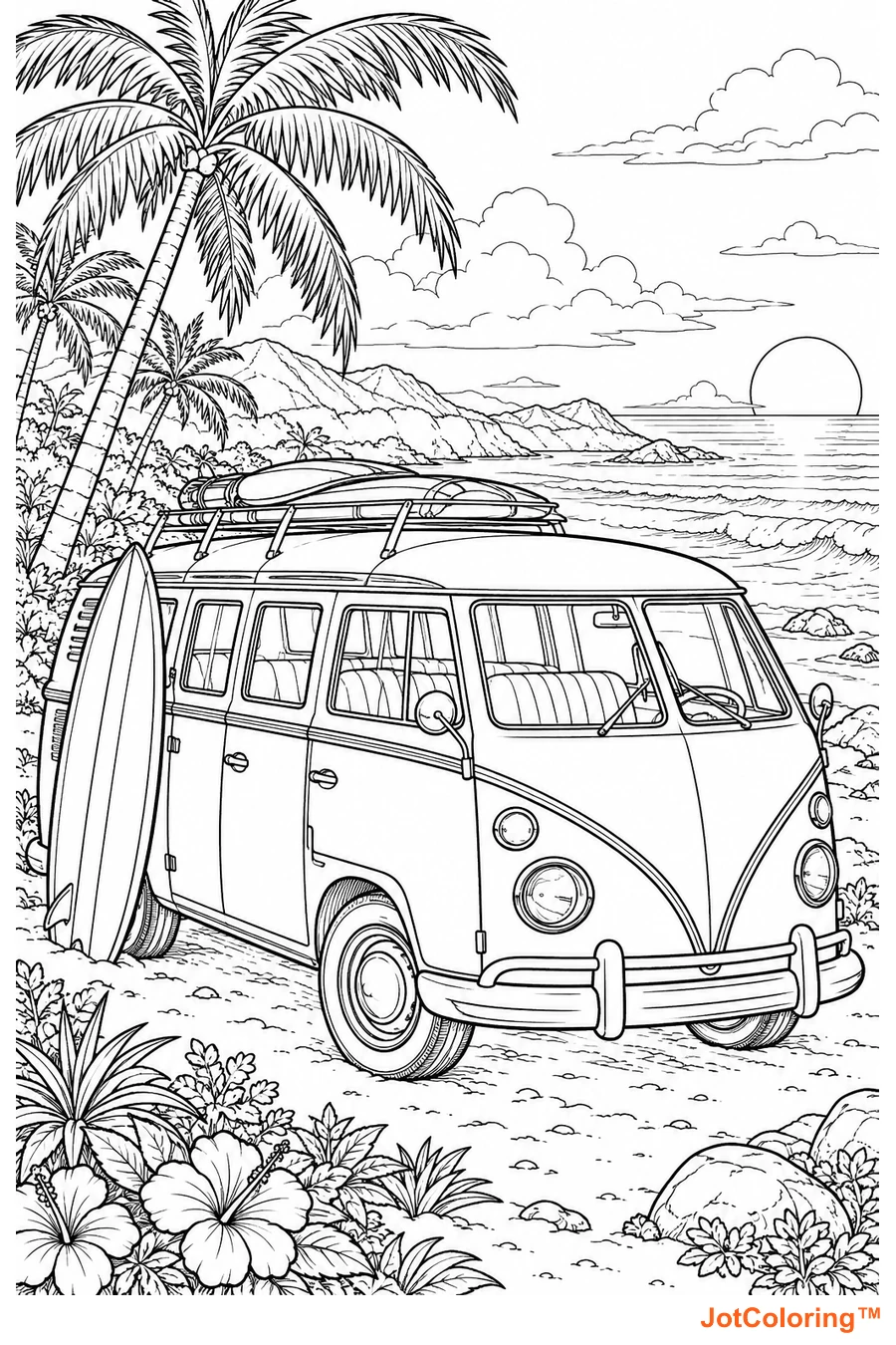 An unbadged rounded camper van and surfboards sit beside a tropical shore lined with palms.