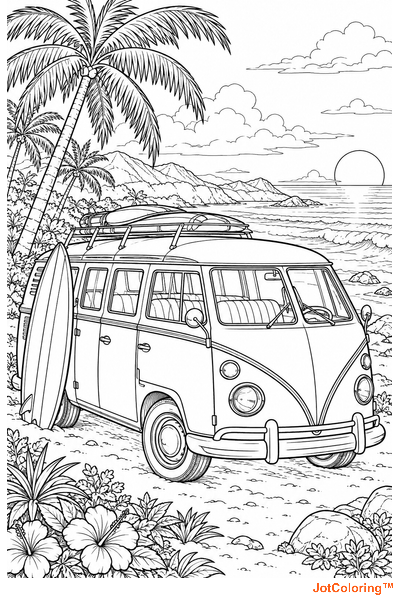 An unbadged rounded camper van and surfboards sit beside a tropical shore lined with palms.