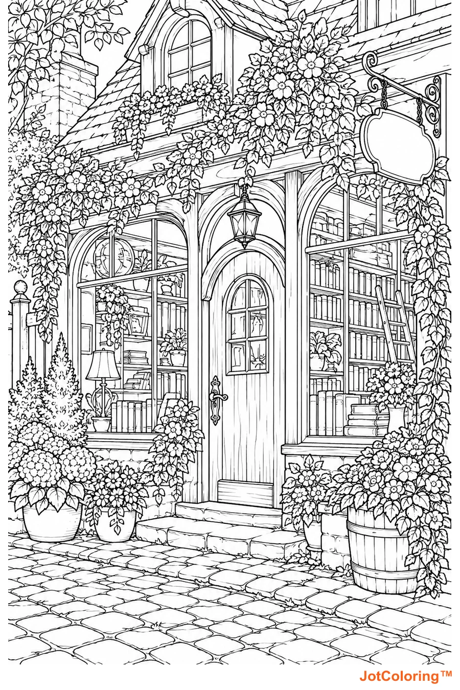 An inviting storybook bookshop has full display windows and potted flowers around its entrance.