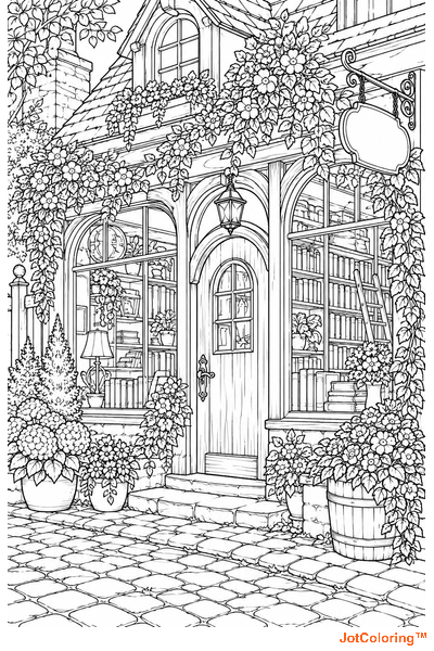 An inviting storybook bookshop has full display windows and potted flowers around its entrance.