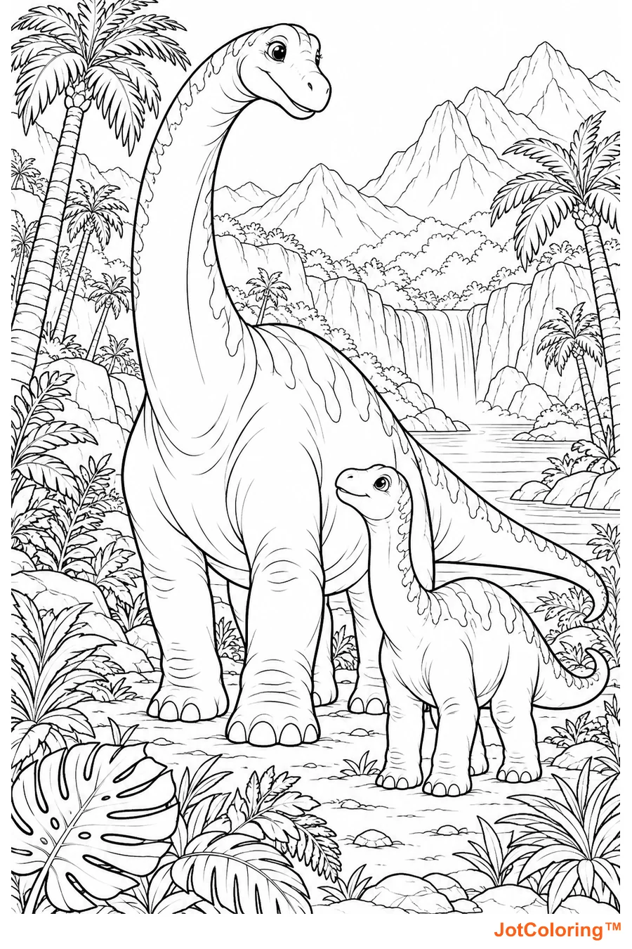A long-necked dinosaur stands among prehistoric plants beneath distant mountain peaks.