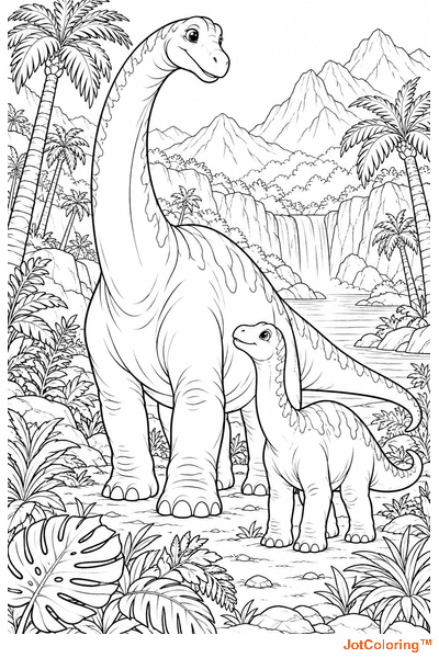 A long-necked dinosaur stands among prehistoric plants beneath distant mountain peaks.