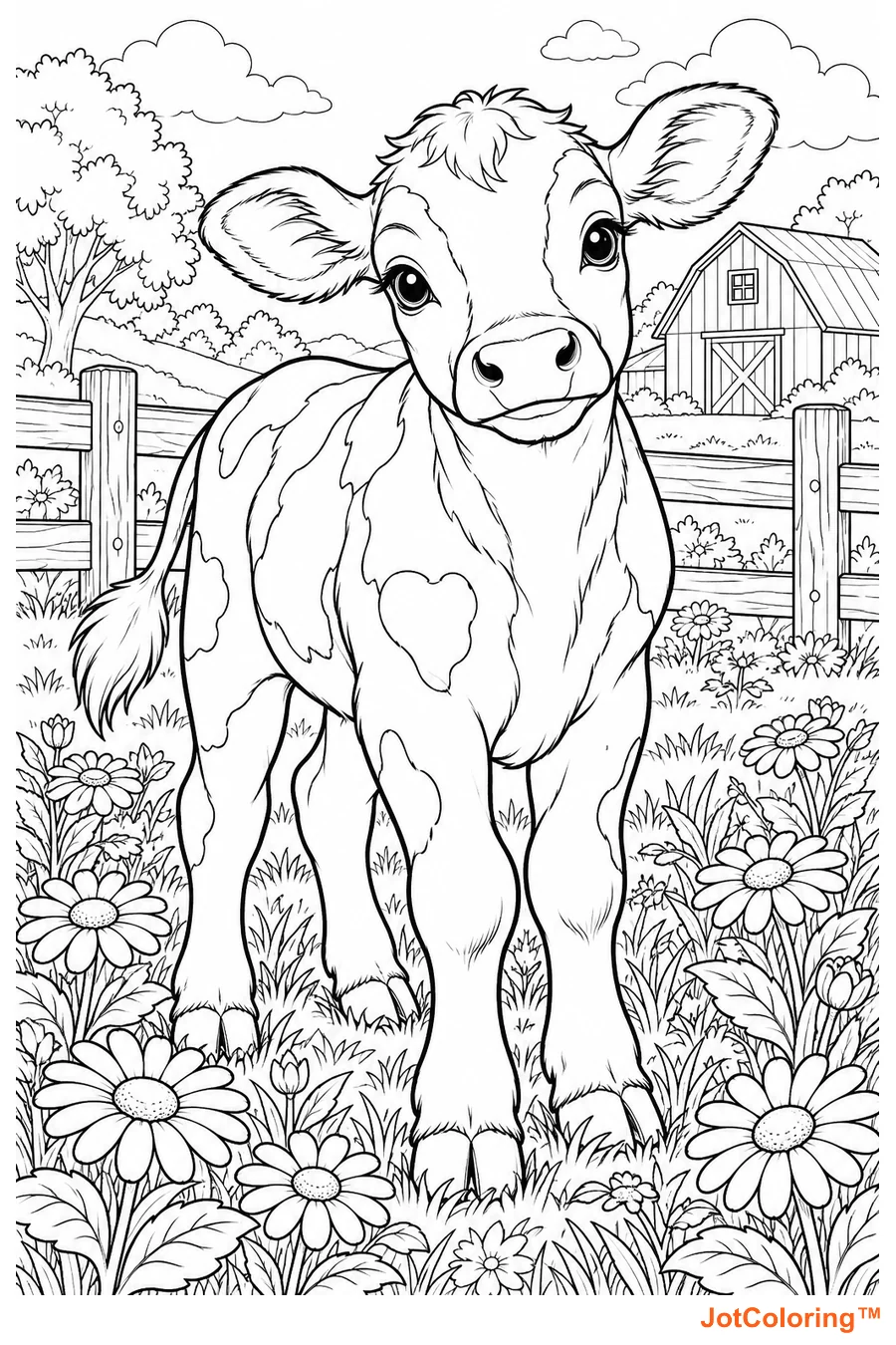 A young cow with outlined coat patches stands among daisies beside a fence and barn.