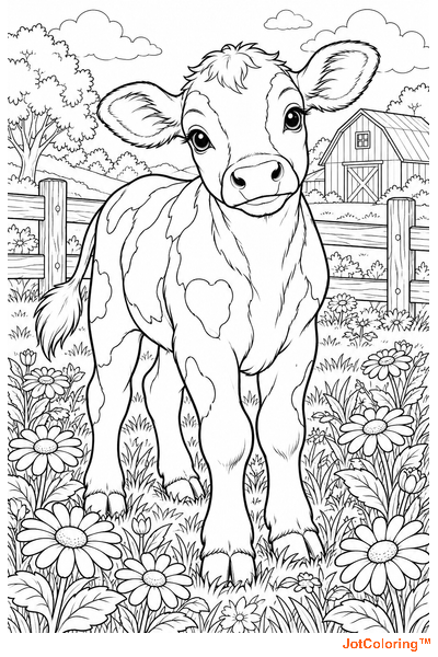 A young cow with outlined coat patches stands among daisies beside a fence and barn.