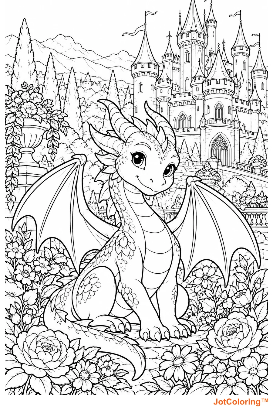 A smiling winged dragon sits in a flower garden in front of a turreted storybook castle.