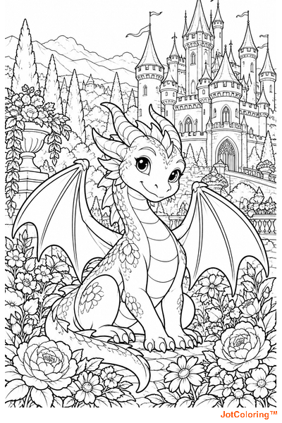 A smiling winged dragon sits in a flower garden in front of a turreted storybook castle.