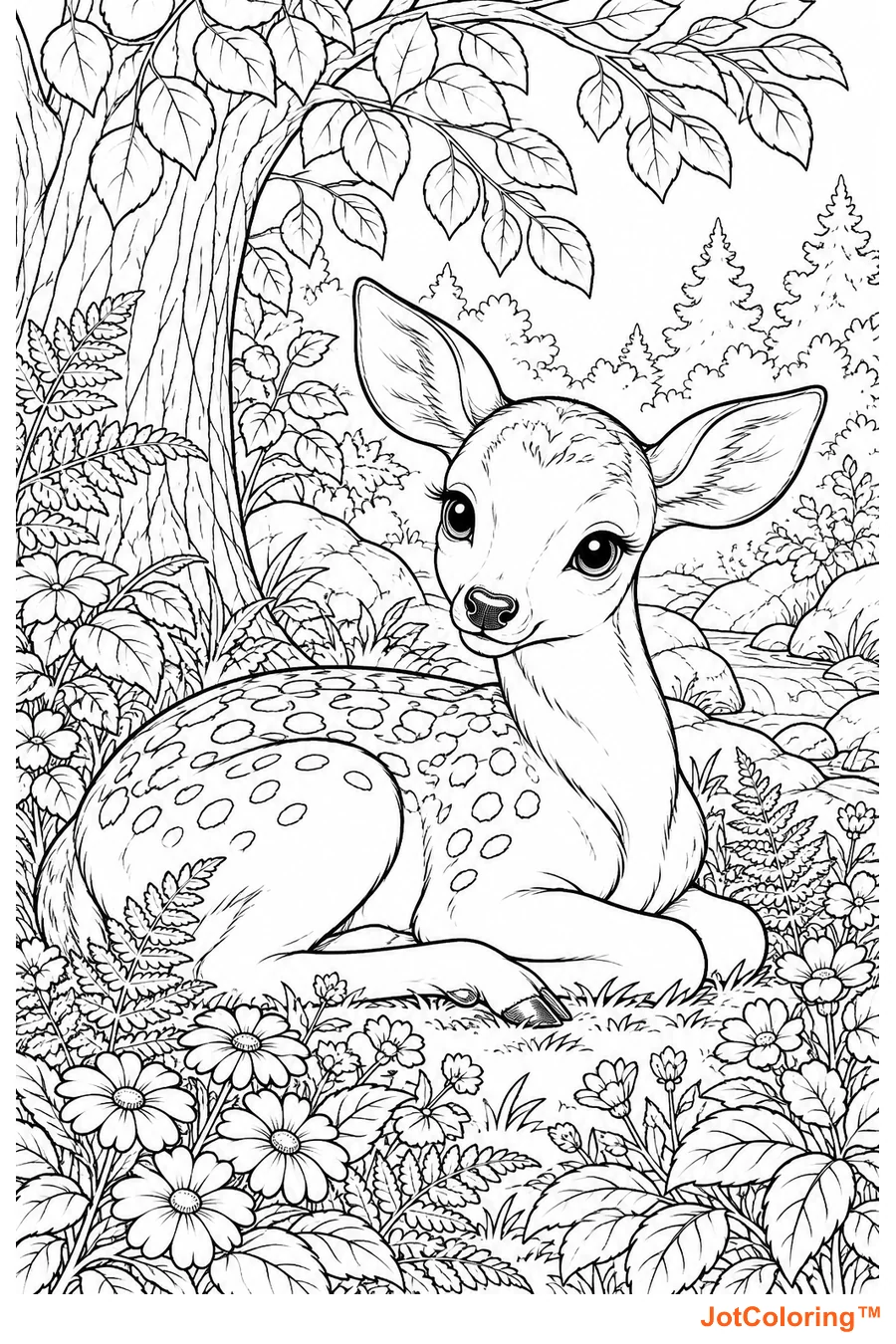 A spotted fawn rests among daisies and ferns with a woodland stream behind it.