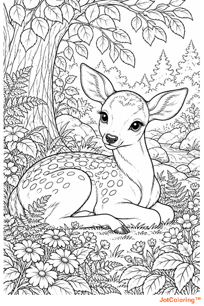 A spotted fawn rests among daisies and ferns with a woodland stream behind it.