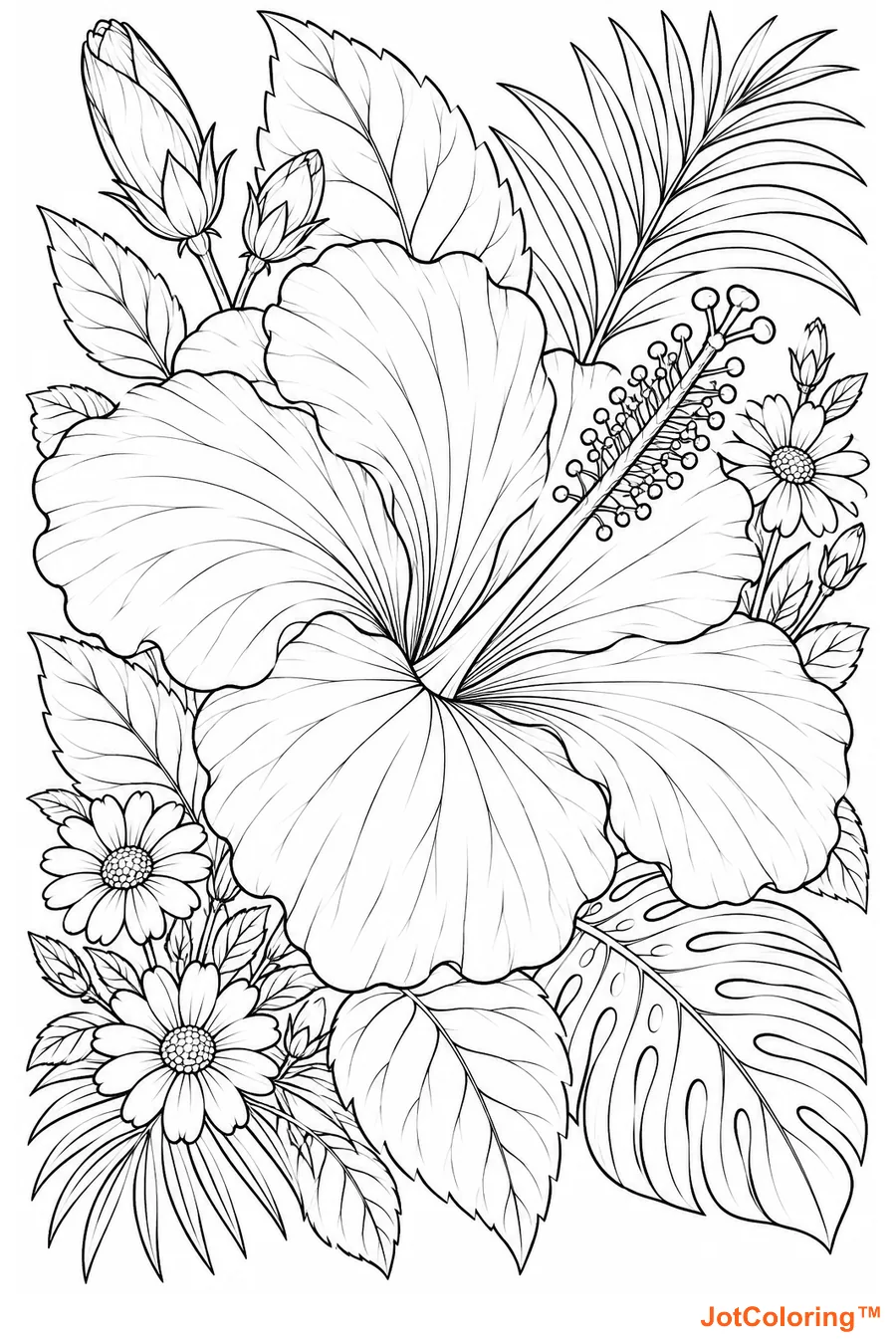 A broad hibiscus flower opens among buds, daisies and tropical leaves.