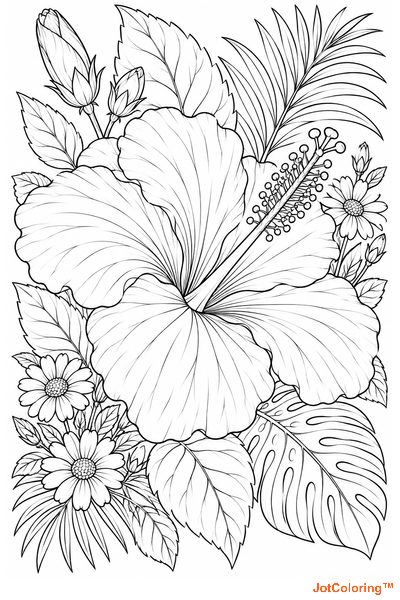 A broad hibiscus flower opens among buds, daisies and tropical leaves.