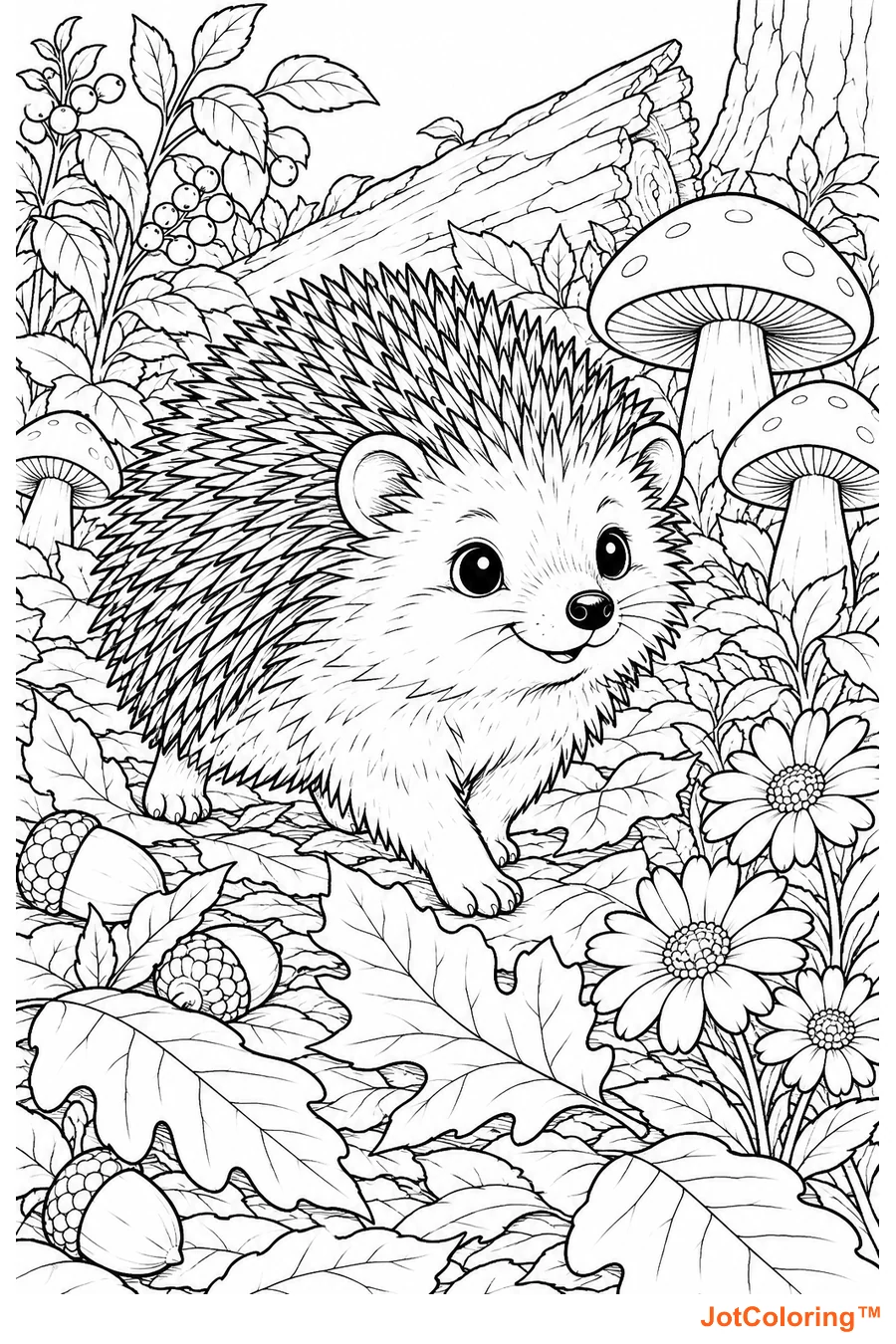 A round hedgehog walks among fallen leaves, acorns and mushrooms beside a log.