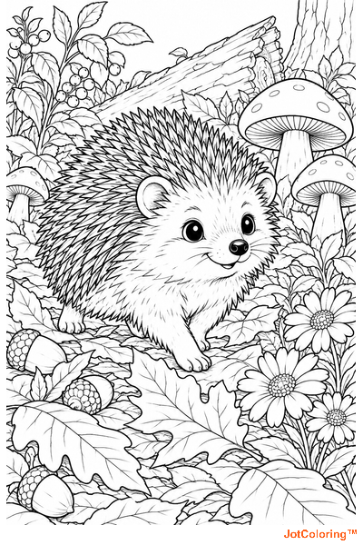 A round hedgehog walks among fallen leaves, acorns and mushrooms beside a log.