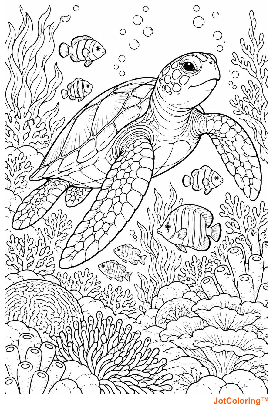 A sea turtle swims through coral and seaweed alongside small tropical fish.