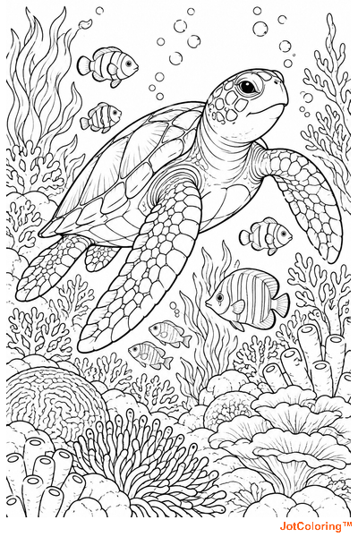 A sea turtle swims through coral and seaweed alongside small tropical fish.