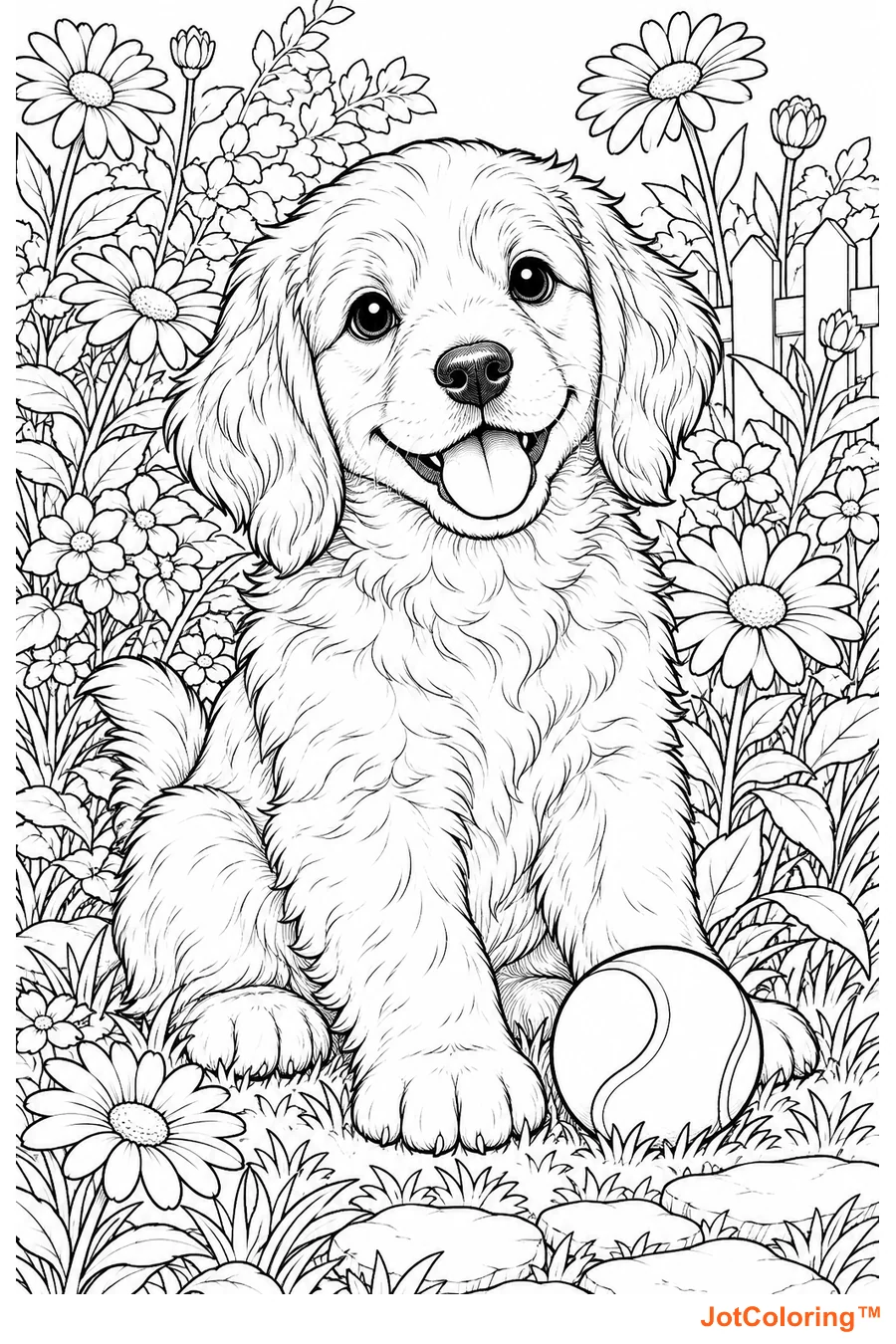 A floppy-eared puppy sits with a ball at its paws in a garden of daisies.