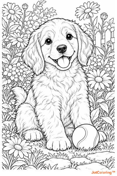 A floppy-eared puppy sits with a ball at its paws in a garden of daisies.