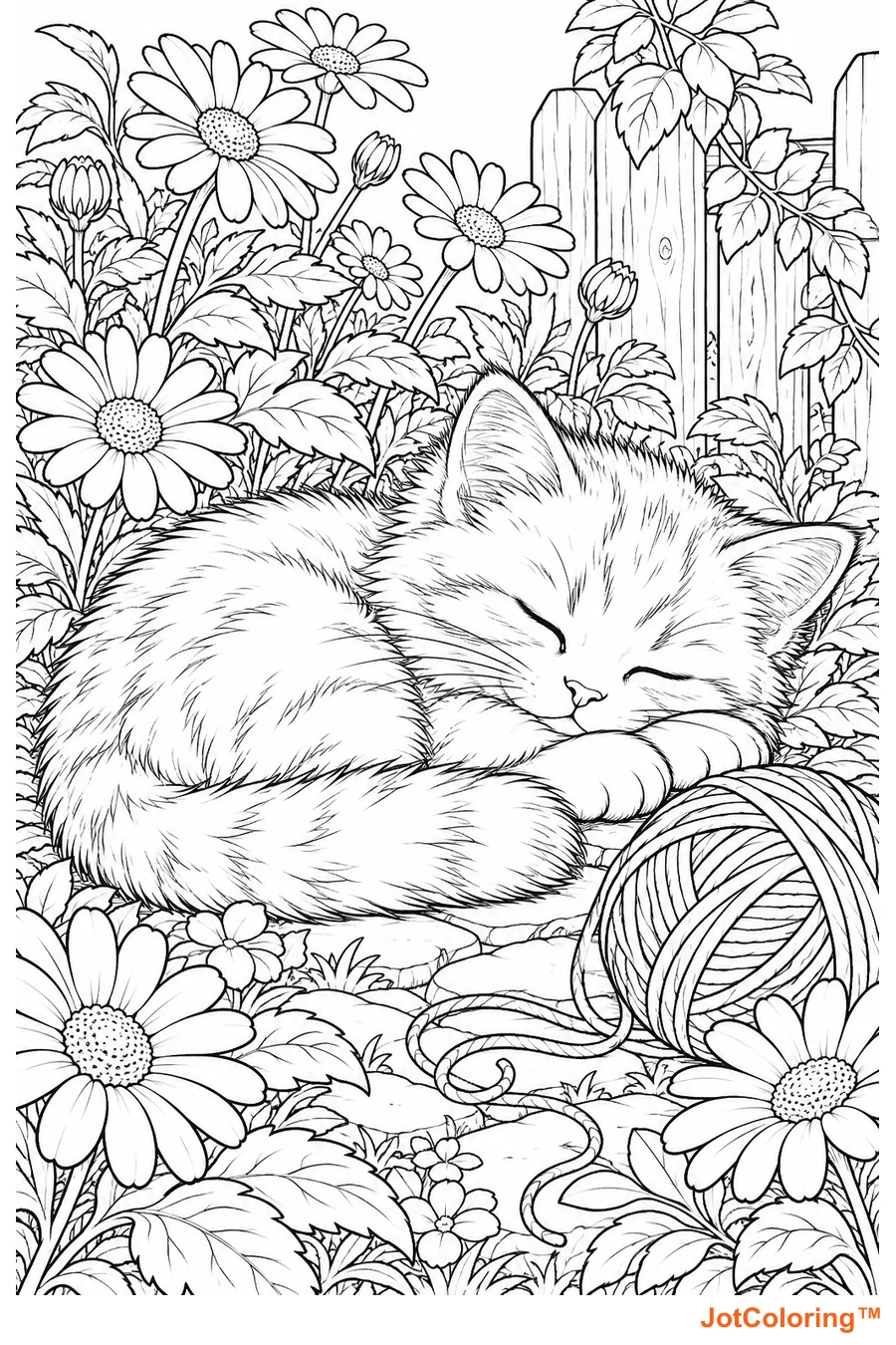 A fluffy kitten sleeps beside a ball of yarn among daisies and garden foliage.