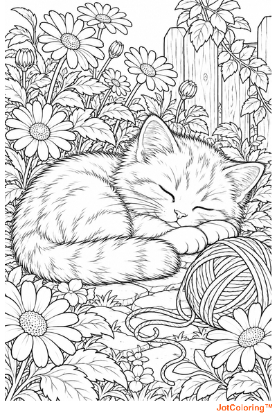 A fluffy kitten sleeps beside a ball of yarn among daisies and garden foliage.