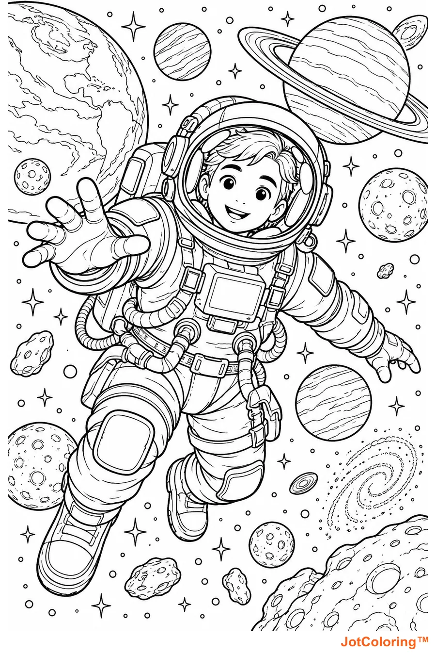A smiling fictional astronaut floats among ringed planets, stars and small space rocks.