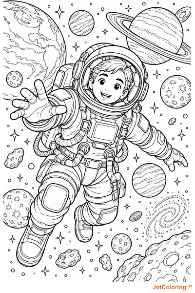 A smiling fictional astronaut floats among ringed planets, stars and small space rocks.