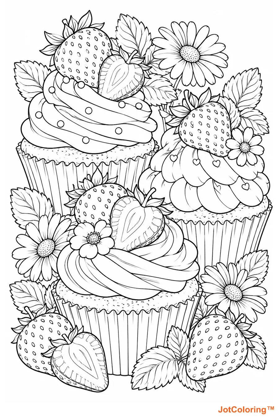 Swirled cupcakes, berries and sweets fill a playful dessert arrangement.