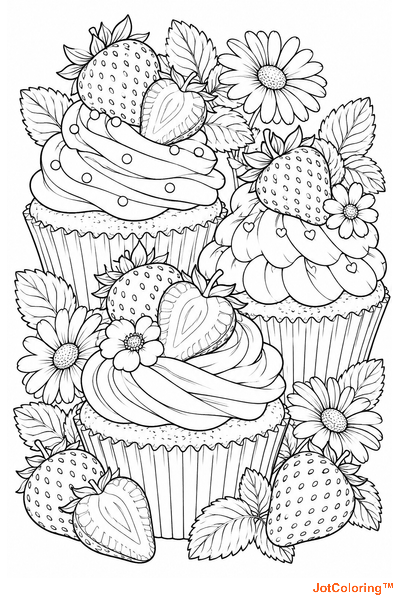 Swirled cupcakes, berries and sweets fill a playful dessert arrangement.