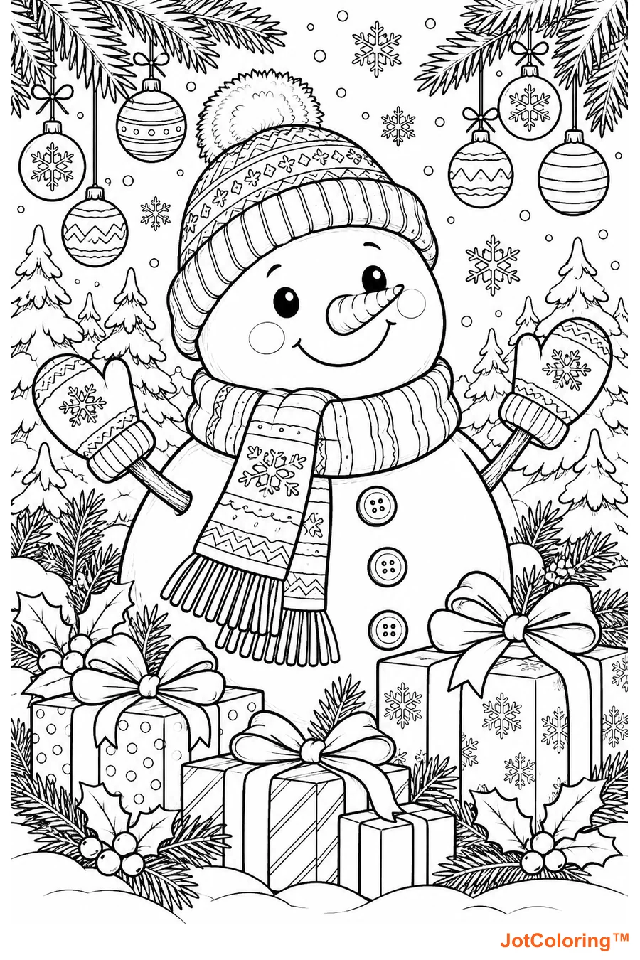 A snowman in a knitted cap and scarf stands among presents, fir branches and hanging baubles.