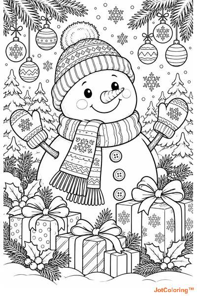 A snowman in a knitted cap and scarf stands among presents, fir branches and hanging baubles.