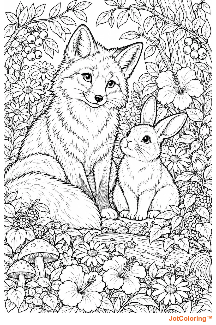 A fox and a rabbit rest together among woodland flowers, berries and leafy branches.