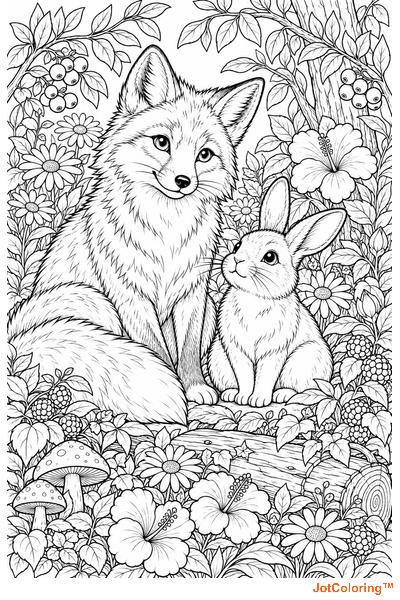 A fox and a rabbit rest together among woodland flowers, berries and leafy branches.