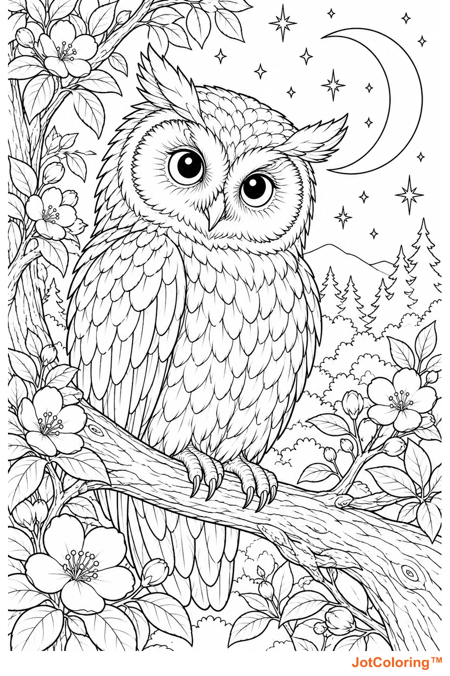 An owl perches on a flowering branch beneath a crescent moon and stars.