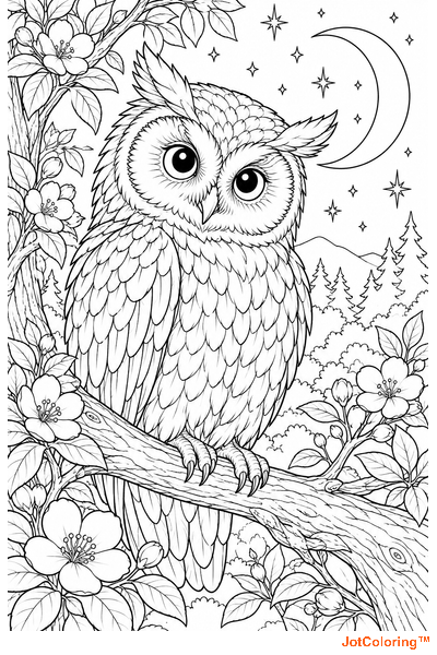An owl perches on a flowering branch beneath a crescent moon and stars.